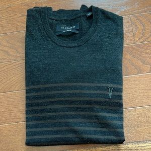 Allsaints Keel dark grey brown striped merino wool crew neck sweater